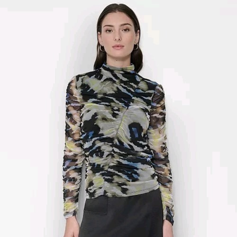 DKNY‎ Women's Top Sz M Printed Mock-Neck Long-Sleeve Ruched Mesh Chic Trendy